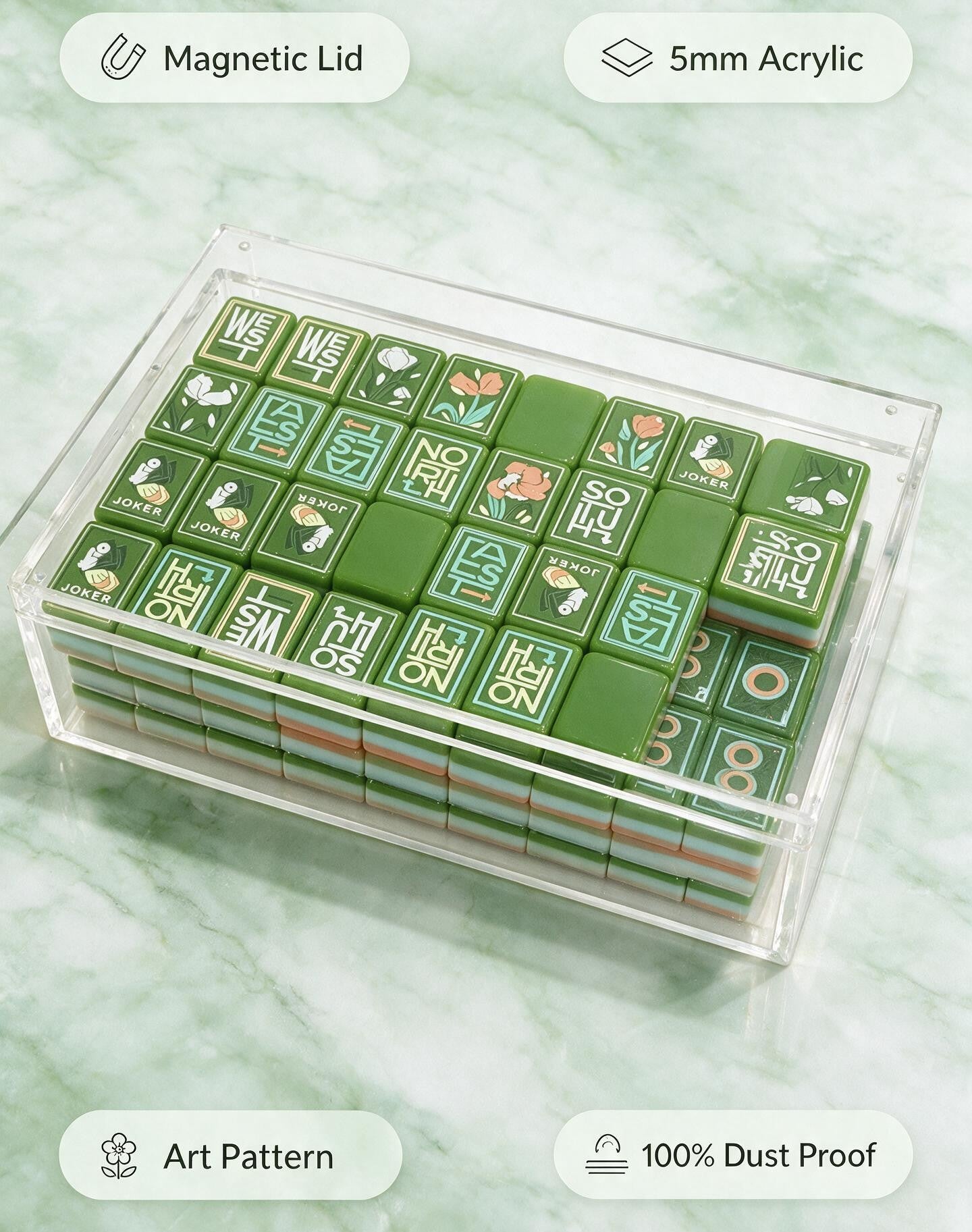 clear acrylic mahjong tile storage box with sliding lid for organizing, protecting, and displaying American mahjong tiles.