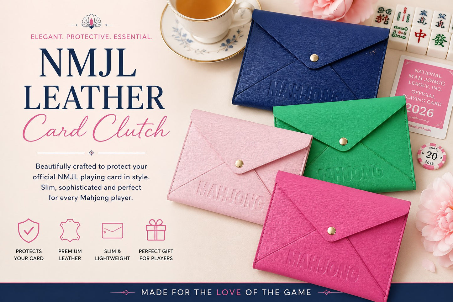 Premium leather NMJL playing card clutch with a secure snap closure, designed to protect the Official National Mah Jongg League playing card. Available in navy, emerald green, blush pink, and bright pink for stylish storage, travel, league play, and game nights.