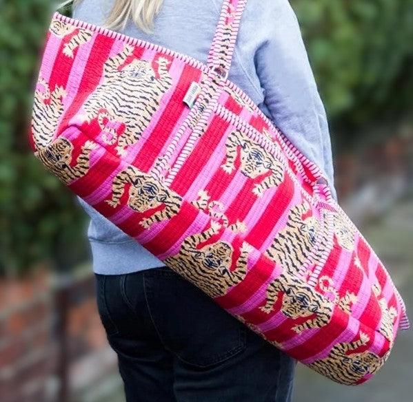Red tiger Mahjong tile bag with a bold tiger print and durable drawstring closure, designed to safely store Mahjong tiles, dice, coins, and accessories. Perfect for travel, league play, and game night