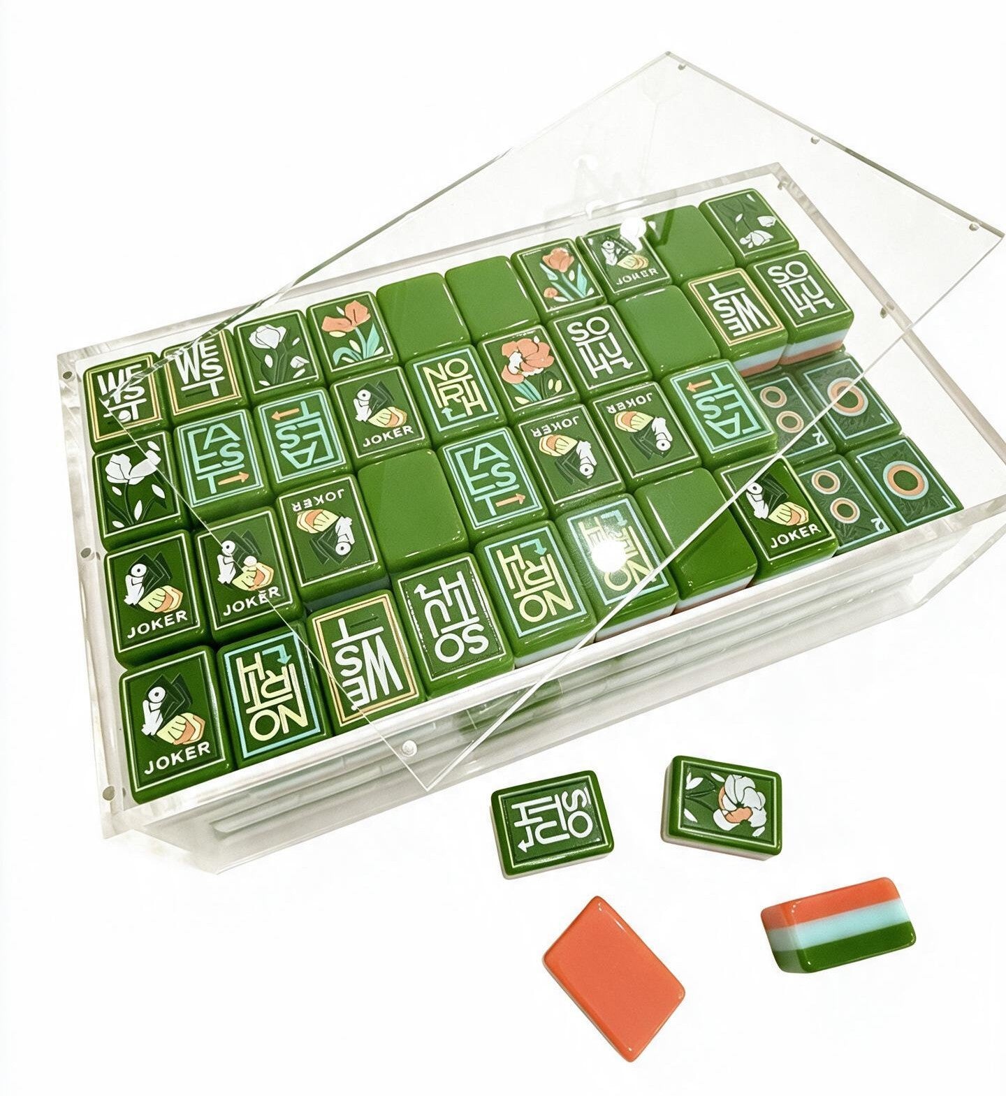 clear acrylic mahjong tile storage box with sliding lid for organizing, protecting, and displaying American mahjong tiles.