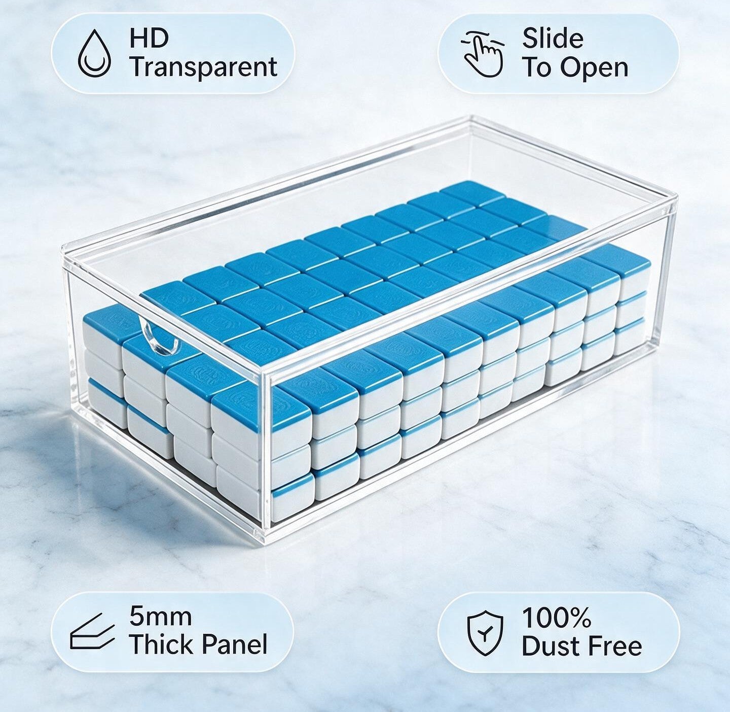 clear acrylic mahjong tile storage box with sliding lid for organizing, protecting, and displaying American mahjong tiles.