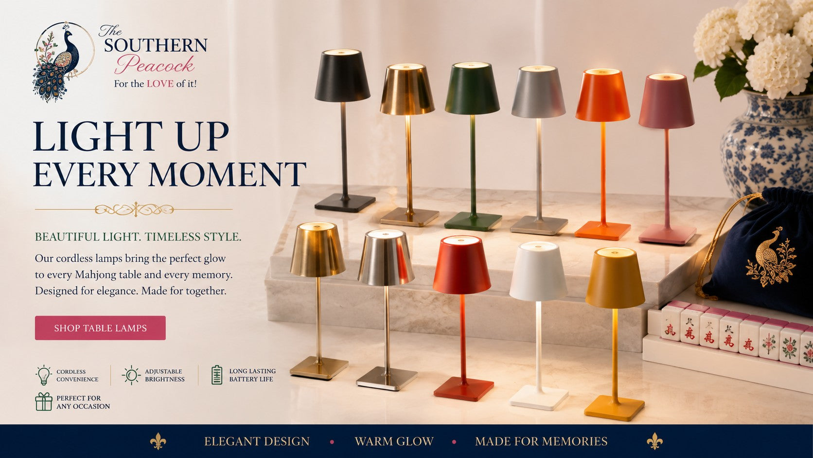 Black LED mahjong table lamp for mahjong by The Southern Peacock