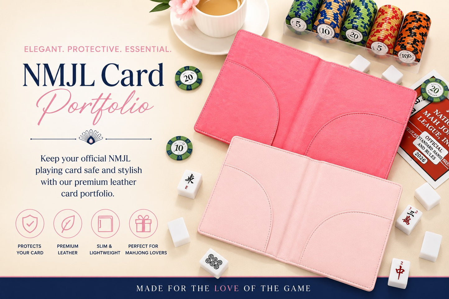 Premium leather NMJL playing card portfolio in soft pink, designed to protect the Official National Mah Jongg League playing card with slim pockets for secure storage. Perfect for American Mahjong players, league games, tournaments, and travel.