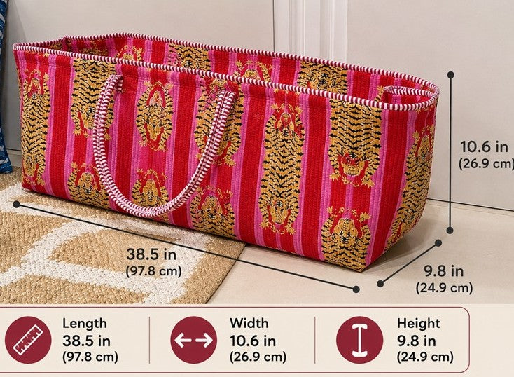 Red tiger Mahjong tile bag with a bold tiger print and durable drawstring closure, designed to safely store Mahjong tiles, dice, coins, and accessories. Perfect for travel, league play, and game night