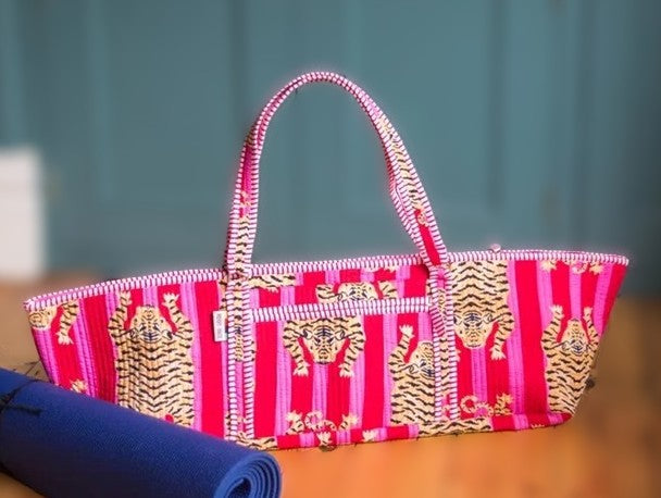 Red tiger Mahjong tile bag with a bold tiger print and durable drawstring closure, designed to safely store Mahjong tiles, dice, coins, and accessories. Perfect for travel, league play, and game night