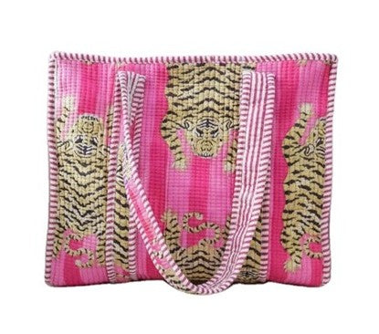 Red tiger Mahjong tile bag with a bold tiger print and durable drawstring closure, designed to safely store Mahjong tiles, dice, coins, and accessories. Perfect for travel, league play, and game night