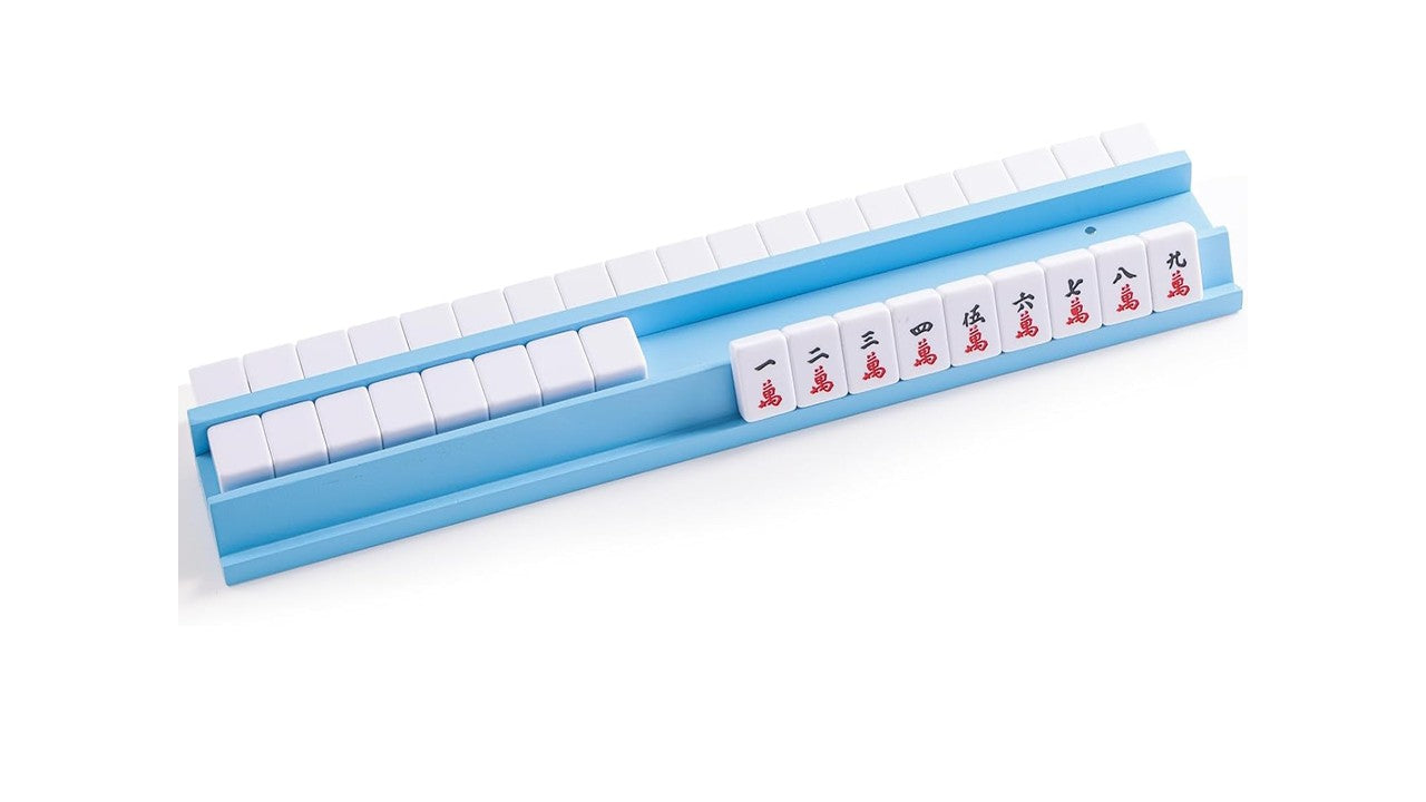 20 inch light blue wooden straight edge mahjong rack with magnetic pusher