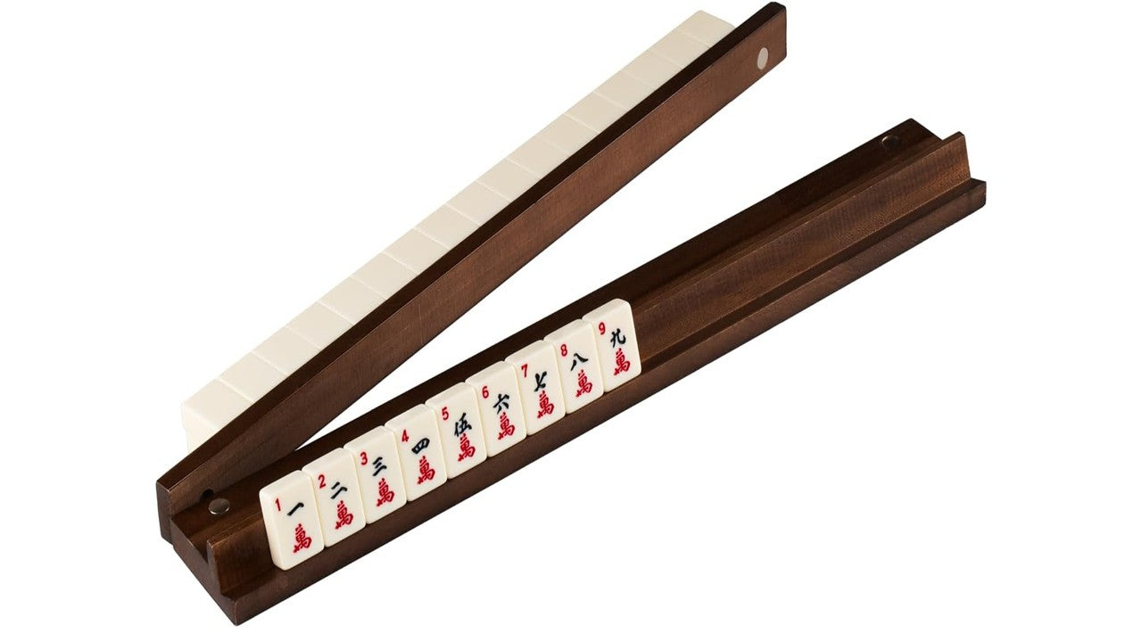 20 inch walnut wooden straight edge mahjong rack with magnetic pusher